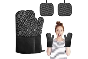 Phantasy® Ofenhandschuh und Topflappen Set, 260℃ Hitzebeständige Topfhandschuhe mit Silikon Linien Anti-Rutsch Design, Topflappen Handschuh für Küche, Backofen, Mikrowelle, Plaid
