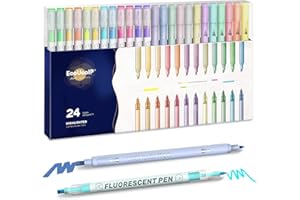 Surligneurs Pastel，EooUooIP® 24 Extra-fin Surligneurs Marqueur, Double pointes (fine ou plate), 4 styles de couleurs dont macaron, fluorescent, lumière douce, rétro