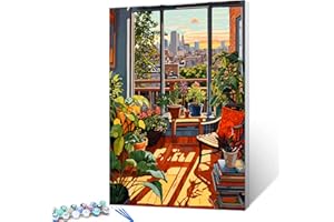 WALARKY Colorful Plants Books and Wooden Chair Digital Painting Paint by Numbers Kit for Adults Acrylic Oil Painting Set Painting for Beginners Tropical Green Leafy Drawing Wall Decor 12x16in (Frameless)