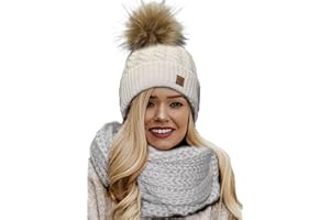 4sold Winter Cappello Set da Donna Taglia Unica di Lana di Mohair e Sciarpa Invernale di Lana Berretto Beanie Fodera in Pile Pompom Artificiale
