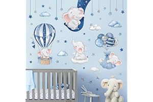 decalmile Pegatinas de Pared Elefante Durmiendo Luna Azul Vinilos Decorativos Globos Aerostáticos Nubes Estrellas Adhesivos Pared Habitación Infantiles Bebés Guardería