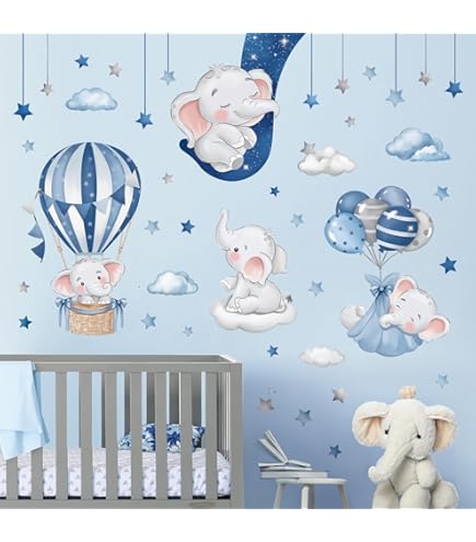 Little Deco Muursticker muursticker kinderkamer deco jongen dieren olifant ballon wolken sticker babykamer blauw speelkamer muurschildering zelfklevend DL891-2