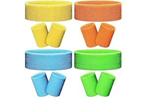 BELUGSIN Zestaw opasek przeciwpotowych, 12 sztuk, opaska na nadgarstek, sportowa opaska na czoło, zestaw neonowych opasek na czoło, zestaw kolorowych opasek przeciwpotowych dla mężczyzn i kobiet (4 kolory)