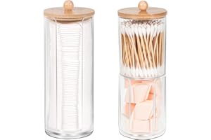 Annhua 3 Pcs Cotton Pad Holder, Cotton Bud Holder Set with Bamboo Lids, Rond Acrylic Bathroom Storage Jars for Cotton Ball| Cotton Swab| Hair Ties| Floss, Transparent