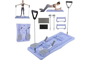 QCXWCJWD Pilates Board for Women Home Workout, 5 in 1 Foldable Pilates Reformer Set Machine, Multifunctional Abdominal & Core Trainer with Elbow Support and Resistance Bands Full Body Workout Equipment