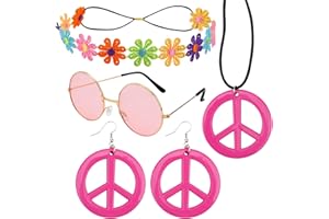 GLAITC Ensemble De Costume Hippie, 5 pièces Années 60 70 Accessoire Hippie Femme Hippie Déguisement Lunettes Hippie Collier Signe de Paix Boucle D'oreille Paix pour Fête Rétro Hippie