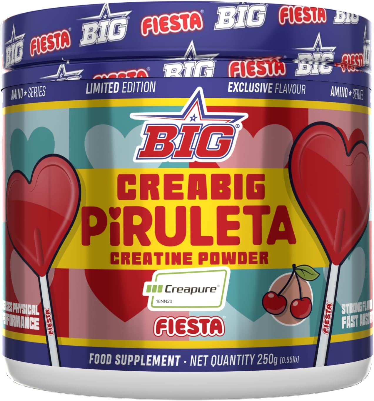 BIG - Creatina Creapure ® - Creatina Monohidratada Creapure en Polvo, Rendimiento Físico y Recuperación - Materia Prima Premium - Monohidrato de Creatina de Rápida Absorción, Vegana (250g, Piruleta)