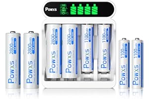 POWXS Akku Ladegerät 4 Fach Mit 4 x AA und 4 x AAA Hohe Kapazität Akkus, Batterie Ladegerät 4 Fach LCD mit Display und Schnellladefunktion, Unterstützung für USB und Typ-C Eingang Akkuladegerät