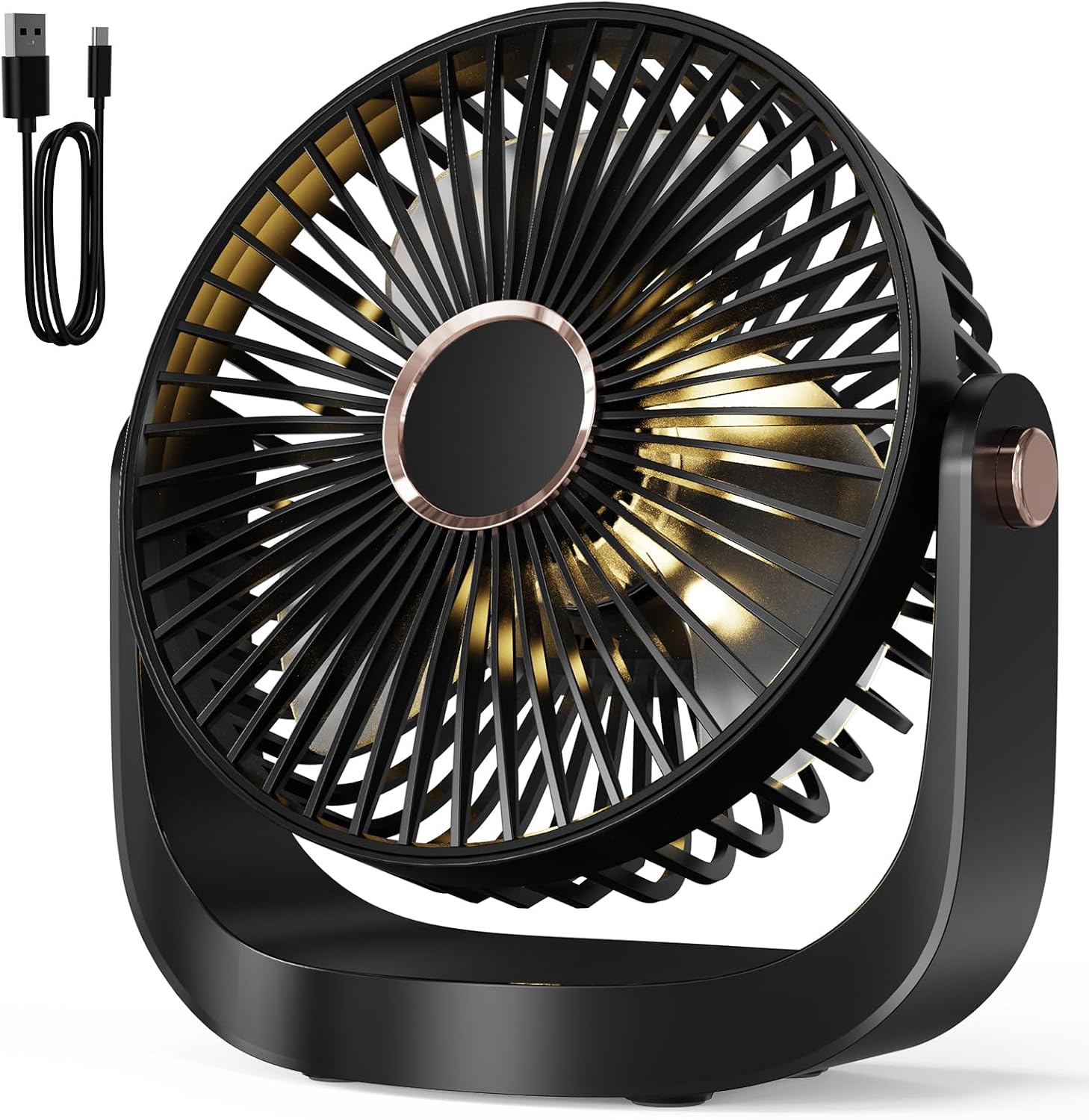 AICPAN Ventilador de Mesa Portátil Silencioso con Luz Nocturna, Recargable USB 3000mAh, 5 Velocidades, Ajustable 360° para Oficina y Dormitorio y Constituir,Negro