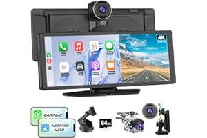 Hexinex Pantalla Carplay para Coche con CarPlay/Android Auto Inalámbrico, Pantalla Táctil de 10.26 Pulgadas Portátil con Dashcam 4K/Cámara Trasera de HD 1080P/Control por Voz/Bluetooth/Mirror Link