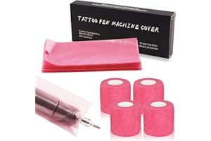 Rayyl Grip Tape Tattoo und Tattoo Stift Taschen Rosa Zubehör Set, Rayyl 4 Rollen Tattoo Griff Bandage (5cm x 4.5m) und 200pcs Tattoo Einweg Pen Cover Rosa (6,5 x 18 cm) für Tattoierer