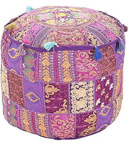 Ethnische Pouf-Abdeckung Aus Baumwolle Mit Spiegelstickerei – Patchwork-Ottoman-Hockerbezug, Multi-Color, 22 Zoll Durchmesser
