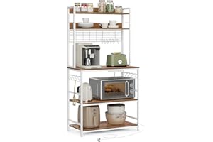 VASAGLE Kitchen Storage Rack with Power Outlet, Coffee Bar, Baker's Rack, with Metal Wire Panel, 14 Hooks, for Microwave, Steel Frame, 40 x 80 x 170 cm, Rustic Walnut and White KKS025W42