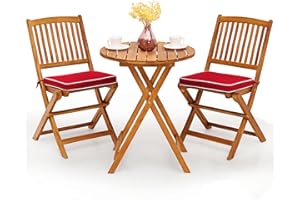 GOPLUS Salon de Jardin Exterieur 2 Personnes, Table Bistrot en Bois Acacia avec 2 Chaises 2 Coussins Amovibles, 3PCS Table Balcon 2 Places Pliante pour Terrasse, Cours(Rouge)