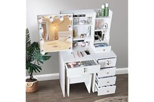 Umeiga Makeup Vanity Desk with Mirror and Lights, White Vanity Table Set with 5 Drawers & Storage Shelves, Modern Vanity Table for Bedroom