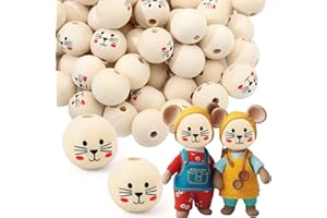 Aerzouser 100 Pièces Perles en Bois Avec Visage，20 mm Perle en Bois Avec Trou, Pour Bricolage, Artisanat, Macramé et Fabrication de Bijoux