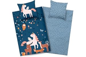 Aminata kids Bettwäsche Mädchen Einhorn 135 x 200 mit YKK Reißverschluss - Kinder-Bettwäsche-Wende-Set | Einhorn-Tier-Motiv | Pferd Unicorn Regenbogen Waldtiere