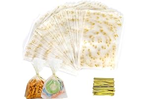 Faburo 120 Stück Bodenbeutel Weihnachten Gold Sterne 12 x 18 CM Weihnachts Beutel Keksbeutel Gebäckbeutel mit 120 Gold Kabelbindern