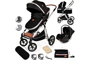 LIBREBON Baby Pram Pushchair Buggy Stroller 3 in 1 Child Lightweight Folding Stroller 3 in 1 Travel System Pram for Newborns Toddlers from Birth Aluminum (Black Silver)