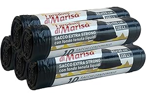 I PRODOTTI DI MARISA CSC - Sacchetti Spazzatura Neri 130L ExtraResistenti, 50 Pz, Sacchi Spazzatura Grandi per Raccolta Differenziata Esterno e Interno, Sacchi Giardinaggio Antiforo con Laccetti, Buste Spazzatura 5 Rotoli
