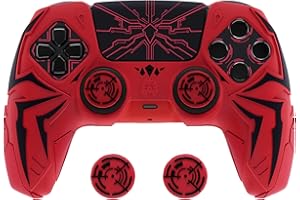 PlayVital Funda de Silicona para ps5 Mando - Diseño Cyber Spider, Antideslizante y Antigolpes, Incluye 2 Agarre de Pulgar y 6 Stickers, Compatible con ps5 Estación de Carga Oficial (Rojo & Negro)