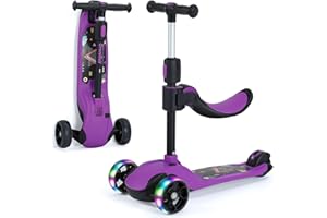 BremToy Roller Kinder mit Abnehmbarer Sitz, Kinder Roller mit Stufenlos Einstellbar, Kinder Scooter mit PU LED-Rädern, Faltbarer Kinderroller für Kinder von 1-12 Jahren (Violett)