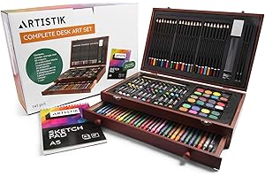 ARTISTIK Deluxe Art Set - (141 Piece) Professional Painting, Sketching & Drawing | All Media Art Set, with Wood Art Box & Bonus A5 Sketchpad Included, Art & Artist Supplies Kit