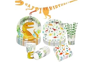 Bymivofun 81 Pcs Dinosaure Anniversaire Vaisselle Ensemble, 16 Invités Papier Dinosaure Fête Fournitures, pour Enfants Thème Fête D'anniversaire Douche Décoration