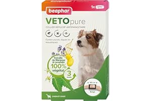 BEAPHAR – VETOPURE – Collier répulsif antiparasitaire pour Chien et Chiot – Aux extraits de Margosa & de Lavandin – Contre Les puces; tiques et moustiques – Protection 3 Mois – Collier Beige de 60cm