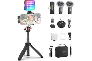 Neewer Kit de vlogging pour téléphone avec lumière LED RVB/système de Microphone sans Fil Lavalier/Perche à Selfie, trépied de téléphone, Essentiel du créateur de Contenu pour iPhone, Android,