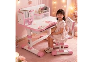 Bigougem Kids Desk and Chair Set, Cartoon Adjustable Height Study Learning Desk with Drawers and Storage Compartments Curved Desktop Reading/Writing Table(Pink, Blue) Pink