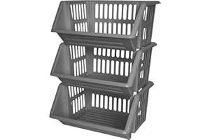 ZARVICZONIA Large Stacking Storage Baskets Veg Rack, Durable Plastic Stackers, Dimensions: 36 cm (L) x 30 cm (D) x 17.5 cm (H) (Grey, Pack of 3)