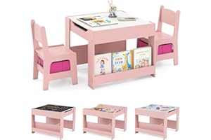 RELAX4LIFE 4 in 1 Tavolino e Sedia per Bambini, Tavolo in Legno con Lavagna Rimovibile, Librerie e Scatola in Tessuto, Salvaspazio per Disegnare, Leggere, Asilo e Cameretta (Rosa)