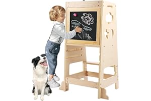 OUNUO Tour d Observation Enfant Tour d'observation Montessori, Tour d'apprentissage pour Enfants en Bois avec Tableau Noir et Blanc, 3 Barres de sécurité réglables en Hauteur, Pieds Anti-basculement