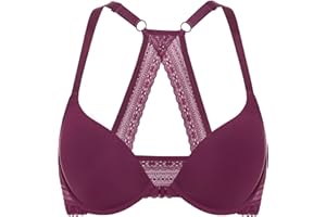 DOBREVA Biustonosze damskie zapinane z przodu Push Up Plunge Lace Racer Back T-Shirt Bra Padded Underwired