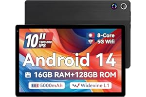 Ainmel Tablet 10 Zoll (2025), Android 14 Tablet 10.36 Zoll Octa-Core,1280x800 IPS,16GB RAM 128GB ROM 1TB TF, 5G WiFi 6, Bluetooth 5.0, 5000mAh, 5MP+8MP, Widevine L1,Schwarz