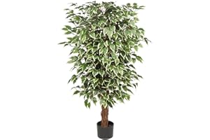 HOLLYONE 4ft Artificial Ficus Tree with Real Wood Trunks, Replica Tall Artificial Plant with Lifelike Leaves for Home Living Room Indoors Decor (120cm)