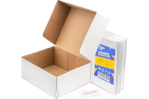 Packaging Hero 25 x 20 X 10 cm (aprox. 10" x 8" x 4") White Corrugated Cardboard Mailing Boxes, gift boxes, e-commerce box with free clear round stickers (10 pack)