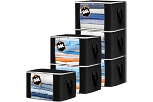 KURNI Storage Bags Clothes Organizer 6 Pack Black, Large Moving Boxes With Top Lid 90L Capacity, 3 Sided Zipper Storage Box. Dust/Mites & Moisture Proof 60 x 43 x 35cm