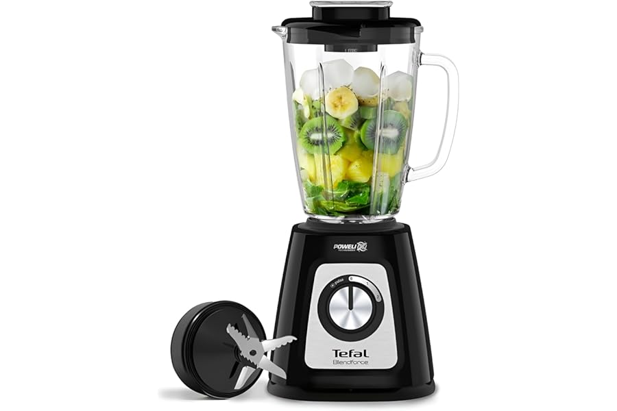 Tefal Blendforce II Blender, 2L Glass Jug, 1.25L Effective Capacity, 800W, 4 Removable Powelix Blades, Smoothie Blender, Ice Crush, 2 Speeds + Pulse, Black, BL435840