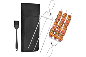 TINCAI 2pcs 3 Way Grilling Skewers,Kabob Skewers with Brush and Storage Bag,3-Prong BBQ Skewer Stainless Steel,Easy to Use Push Bar Slider, Kabob Sticks for Meat,Chicken,Sausages,Veggies