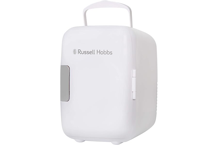 Russell Hobbs RH4CLR1001 4L/6 Can Portable Mini Cooler & Warmer for Drinks, Cosmetics/Makeup/Skincare, AC/DC Power, Retro Style, White, For Bedroom, Home, Caravan, Car