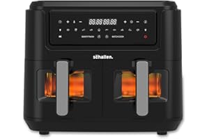 Schallen Black Dual Air Fryer with Twin Double Drawer Frying Trays, Digital, 10 Preset Functions, Low Running Cost and 60 Min Timer | Healthy Oil Free & Low Fat Cooking (Dual Window 9L Air Fryer)
