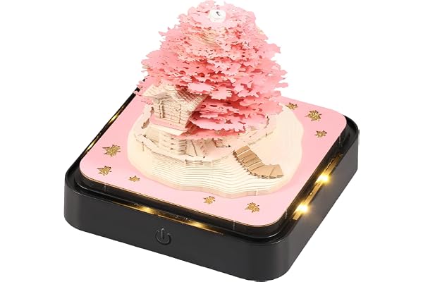 Calendrier de Bureau 2026 avec Lumière, Calendrier 3D Art Créatif, Memo Pad Papier Créatif, Bloc-notes 3D en Papier, Calendrierde Table pour Décoration de Compte à Rebours(Cabane dans arbres rose)