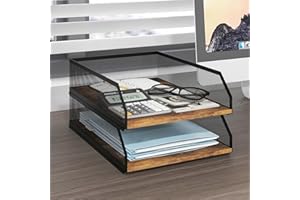 PUNCIA 2-Tier Stackable Paper Tray, Metal Mesh Desktop Organizer, Wood Board Paper Sorter, Letter Trays,File Document Storage Rack for for Home, Office, School (Retro)