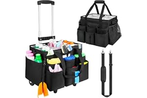 ZIOZERTT Large Rolling Cleaning Caddy Bag with Detachable Trolley,Cleaning Cart on Wheels with Shoulder Strap,Cleaning Supplies Organizer for Housekeepers,Black