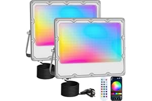 MEEKBOS 2 Pezzi Faretto LED RGB Esterno 150W, Faro LED RGB Con APP Bluetooth e 2.4G Telecomando,IP66 Impermeabile Dimmerabile Proiettore per Giardino,Pasqua,Partito,Halloween,15000LM