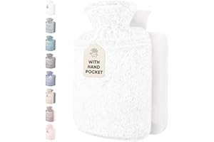 ‎QOMFOR Qomfor Wärmflasche mit weichem Bezug - 2L Wärmeflasche mit Kängurutasche Auslaufsicher - Bettflasche für Erwachsene und Kinder, ideal für Schmerzlinderung - Flauschigem Kuschelbezug (Weiss)