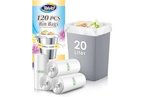 Teivio 20 Litre Small Bin Bags, 120 Count, Thick Plastic Waste Bags for Bathroom, Kitchen, Office, Fits 15-20L Bins, Clear