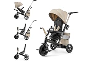 Kinderkraft EASYTWIST Triciclo Infantil, con Accesorios, Ventana de Techo, Cinturones de Seguridad, rotación de 360 Grados, Rueda Libre, Barra de Empuje, a Partir de 9 Meses hasta 5 años, Beige